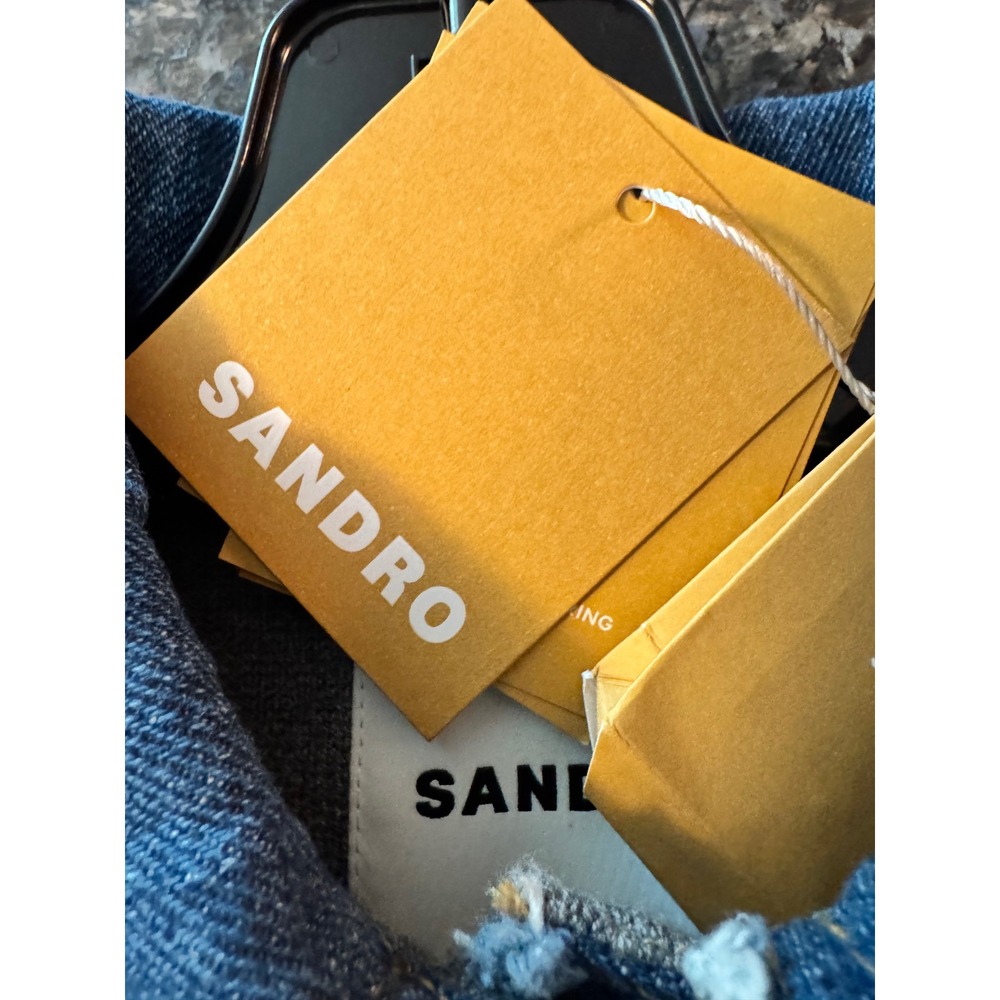 Sandro H24JOHN Mixed Media Denim Cable Knit Cardigan Jacket Grey Blue Size 0 NEW - Picture 3 of 8